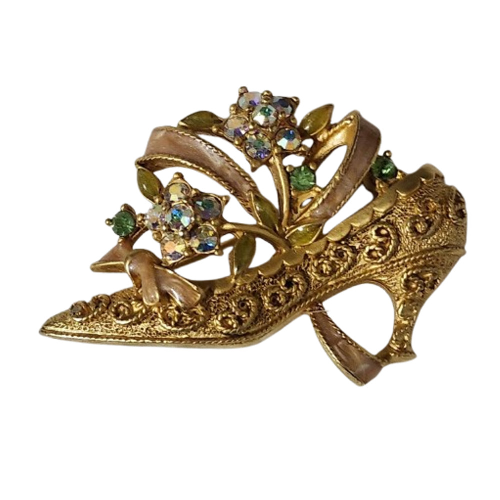 Vtg 1980s  Mr. Gus Shoe Bow Flower  Enamel Rhinestone Pin Brooch